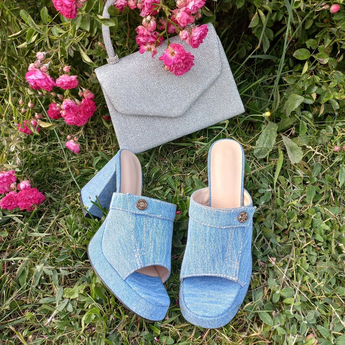 Denim Round Toe Platform Chunky Heel Sandals