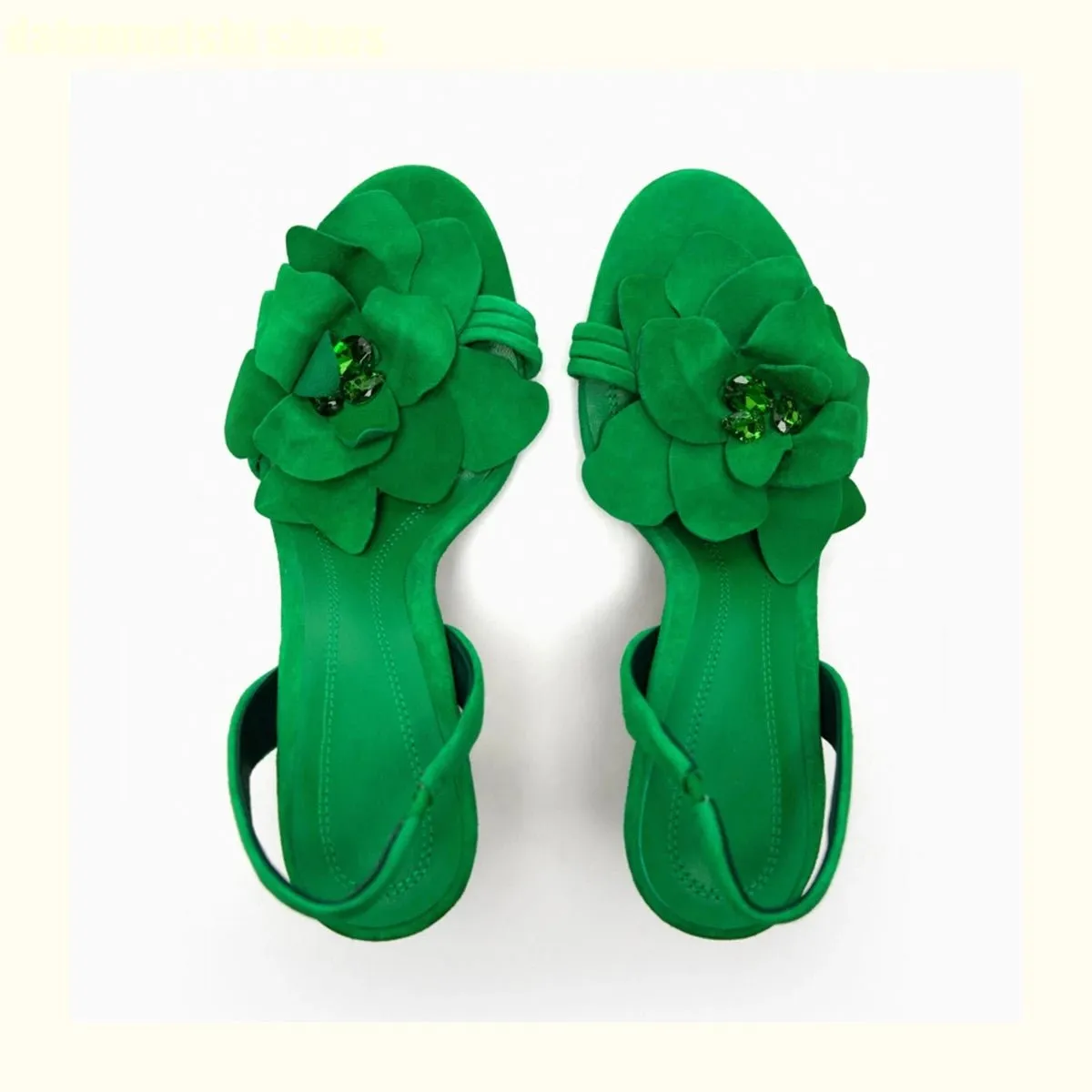 Elegant Crystal-Embellished Sheepskin Heel Sandals in Green/Pink Floral