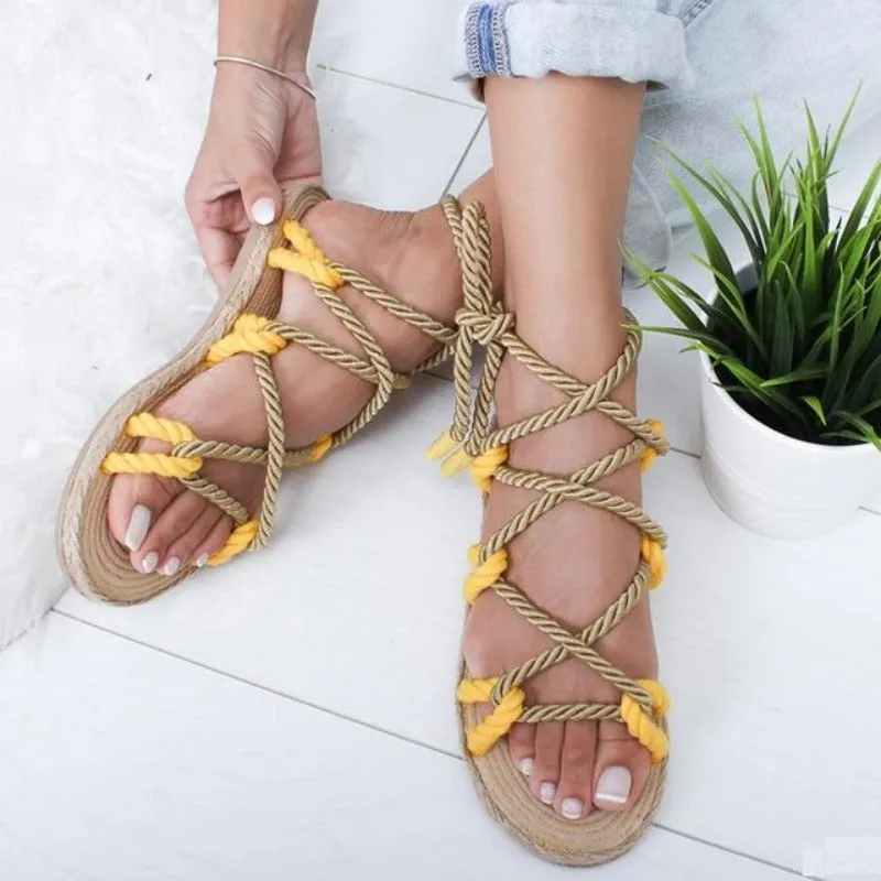 Flat Sole Gladiator Hemp Rope Lace Up Non Slip Sandals