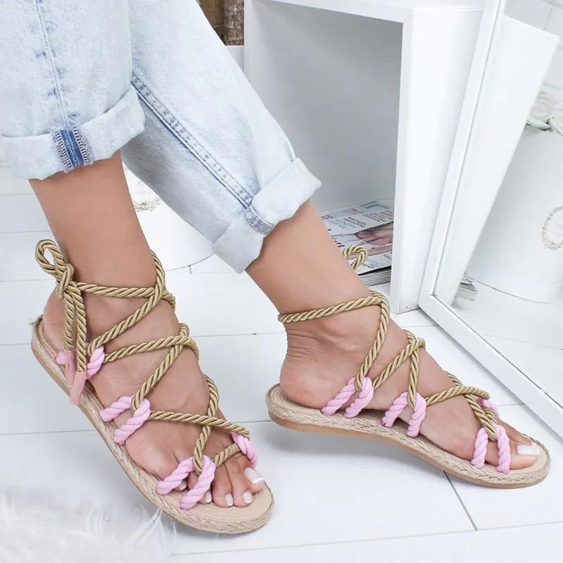 Flat Sole Gladiator Hemp Rope Lace Up Non Slip Sandals