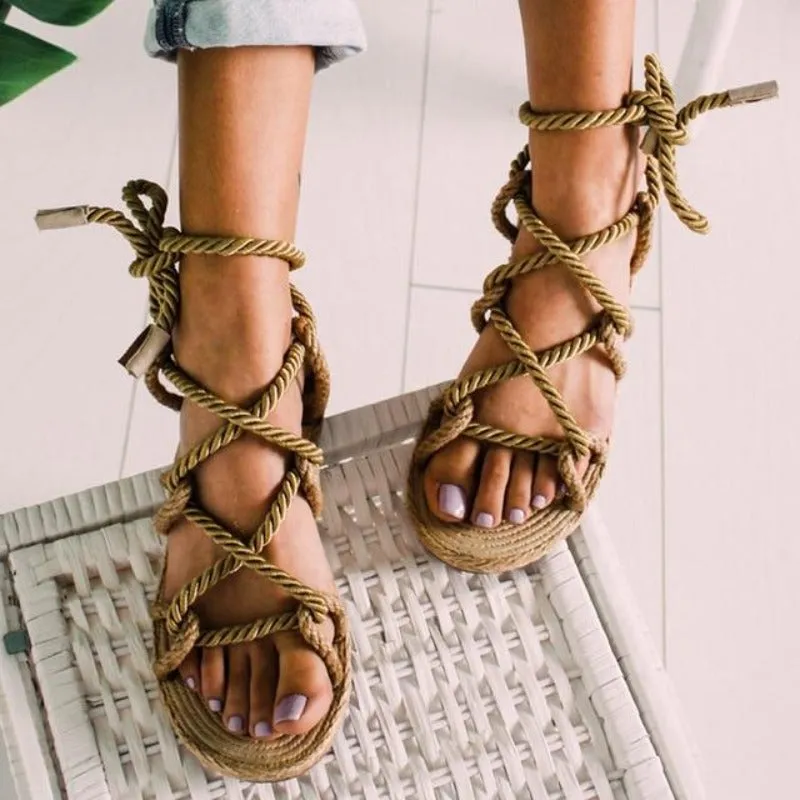 Flat Sole Gladiator Hemp Rope Lace Up Non Slip Sandals