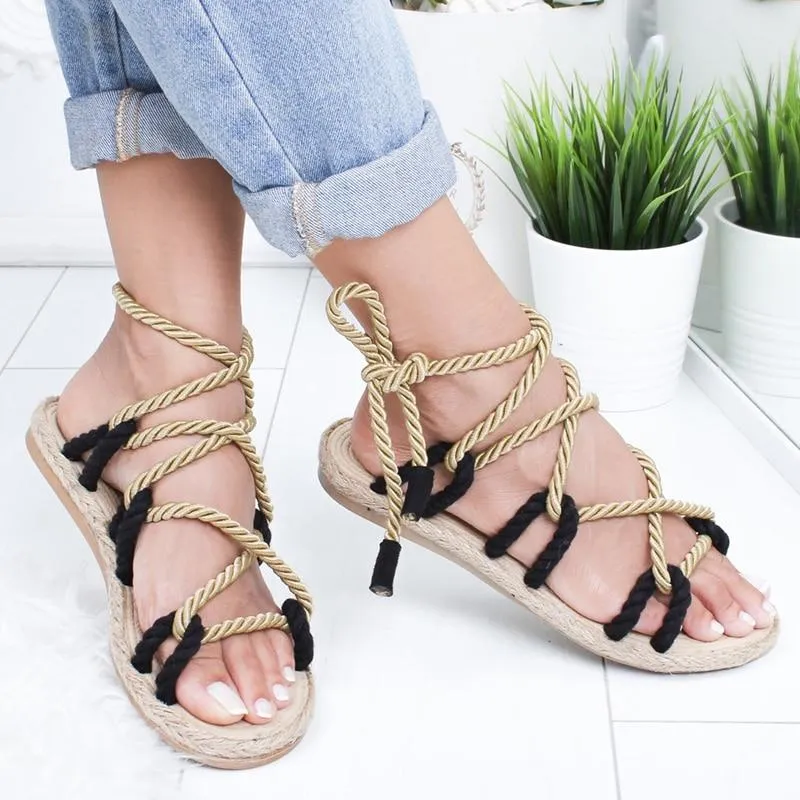 Flat Sole Gladiator Hemp Rope Lace Up Non Slip Sandals