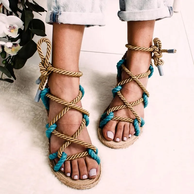 Flat Sole Gladiator Hemp Rope Lace Up Non Slip Sandals