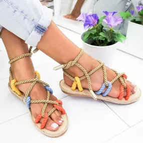 Flat Sole Gladiator Hemp Rope Lace Up Non Slip Sandals