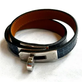 Hermes Blue Glossy Alligator Kelly Double Tour Bracelet