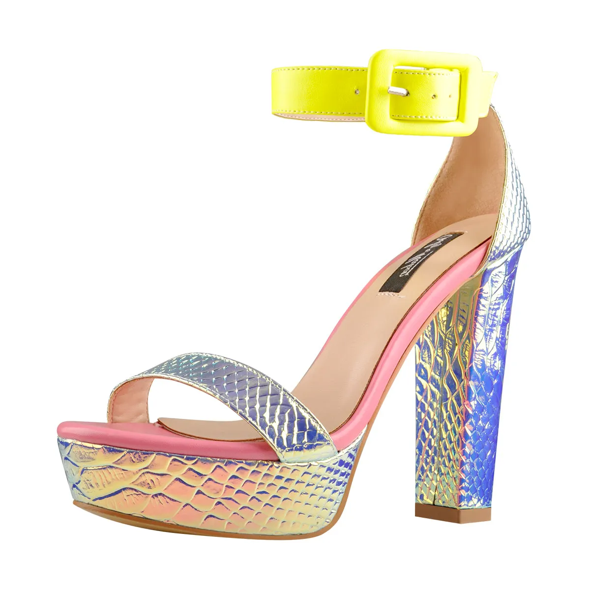 Holographic Snake Pattern Open Toe Platform Chunky Square Heels Ankle Strap Sandals