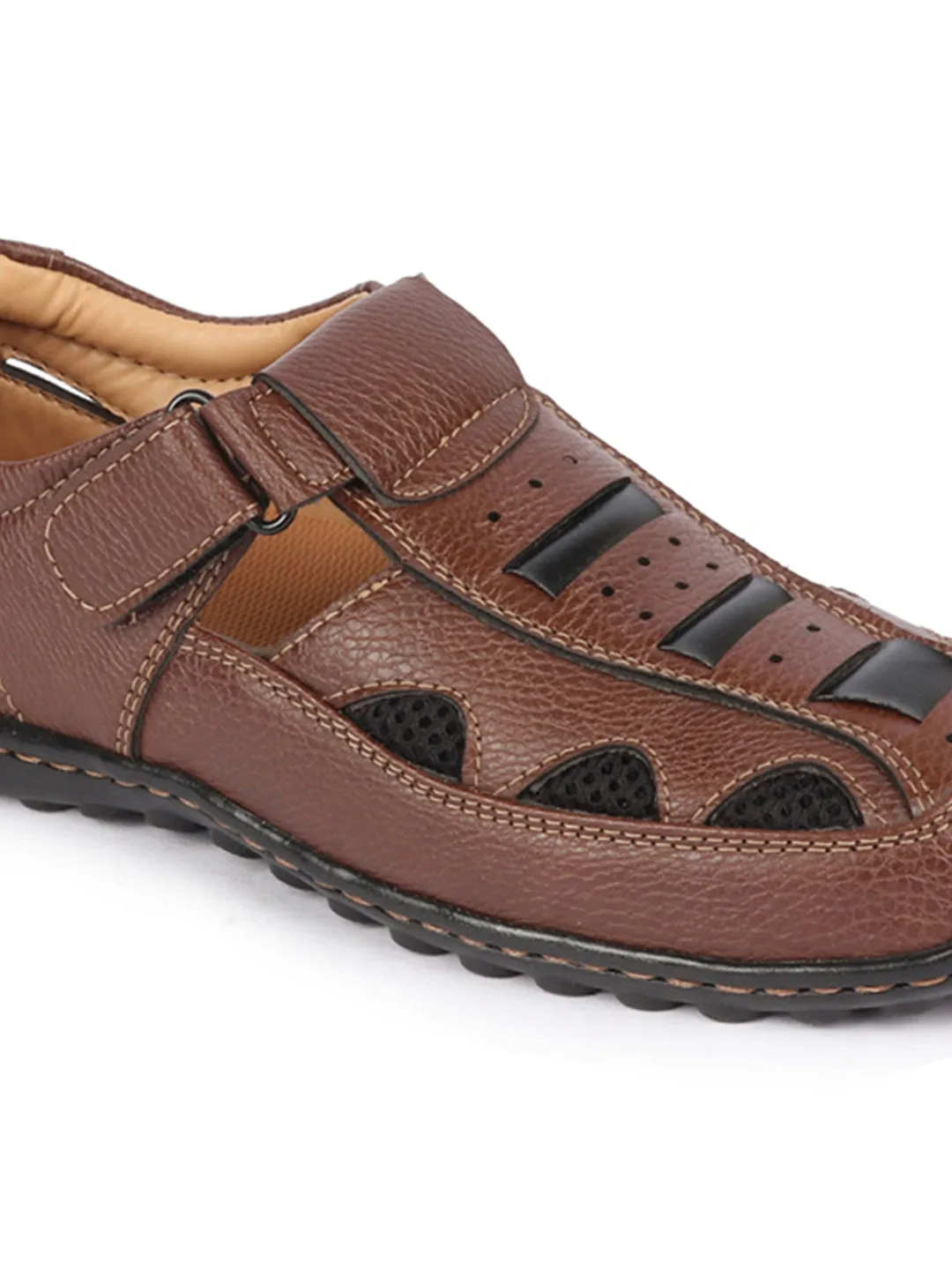 Men Brown Genuine Leather Breathable Comfort PU Pad Insole Hook and Loop Roman Sandals