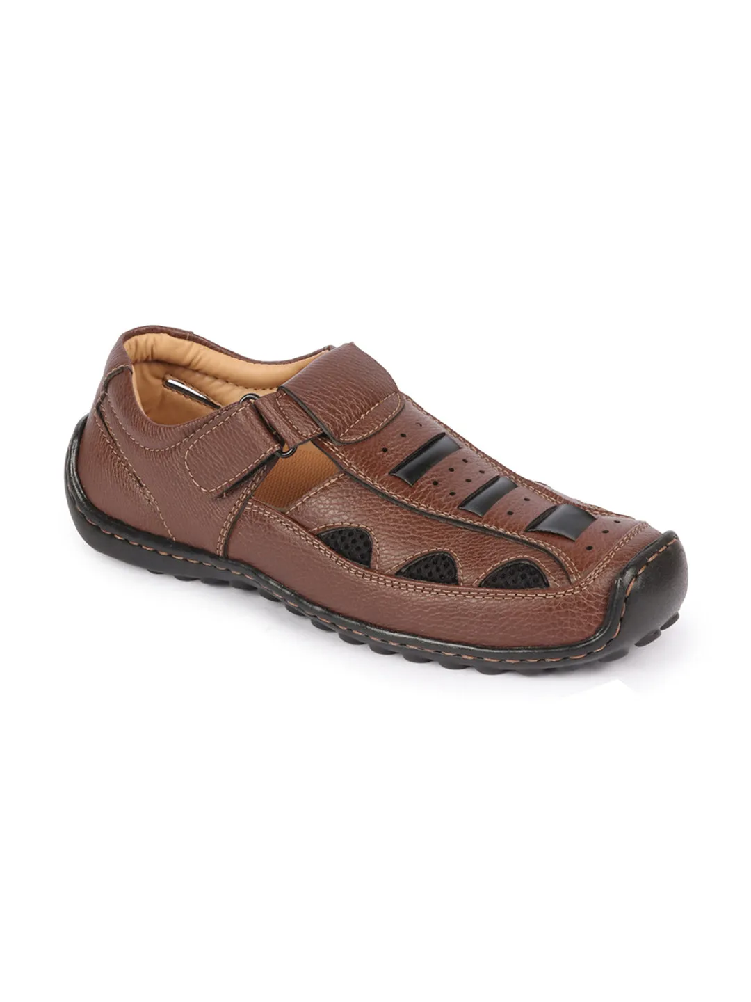 Men Brown Genuine Leather Breathable Comfort PU Pad Insole Hook and Loop Roman Sandals