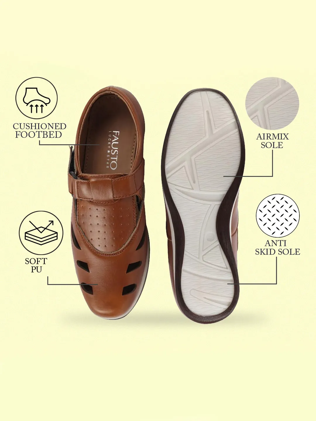 Men Tan Laser Cut Design Perforated Day Long Comfort Hook and Loop Sandals