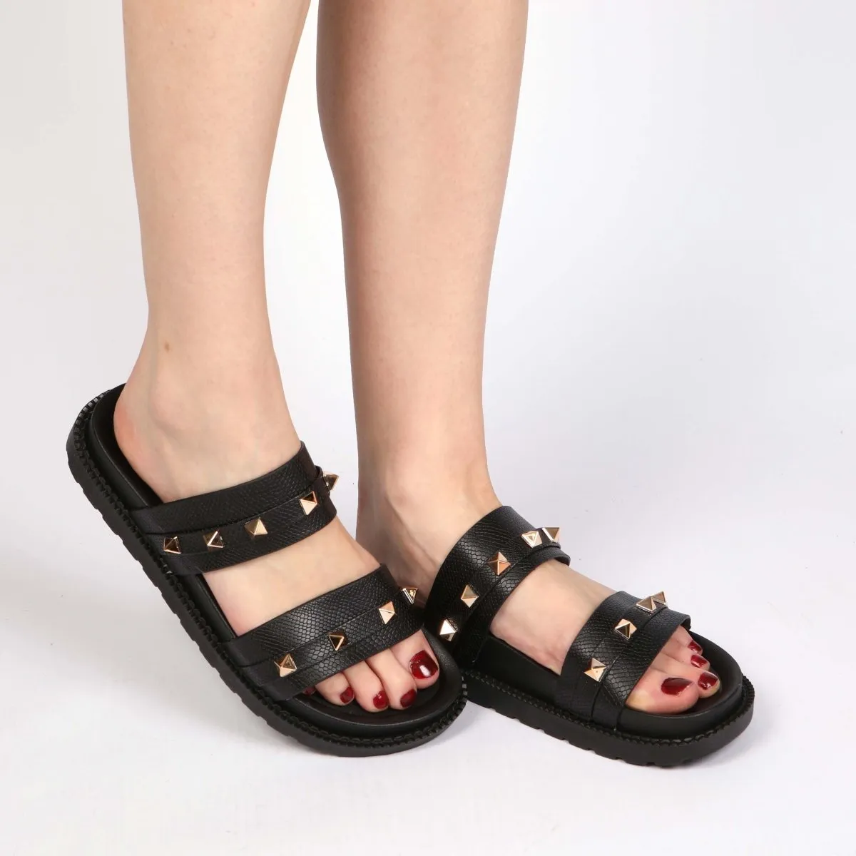 Pyramid Stud Double Strap Sliders