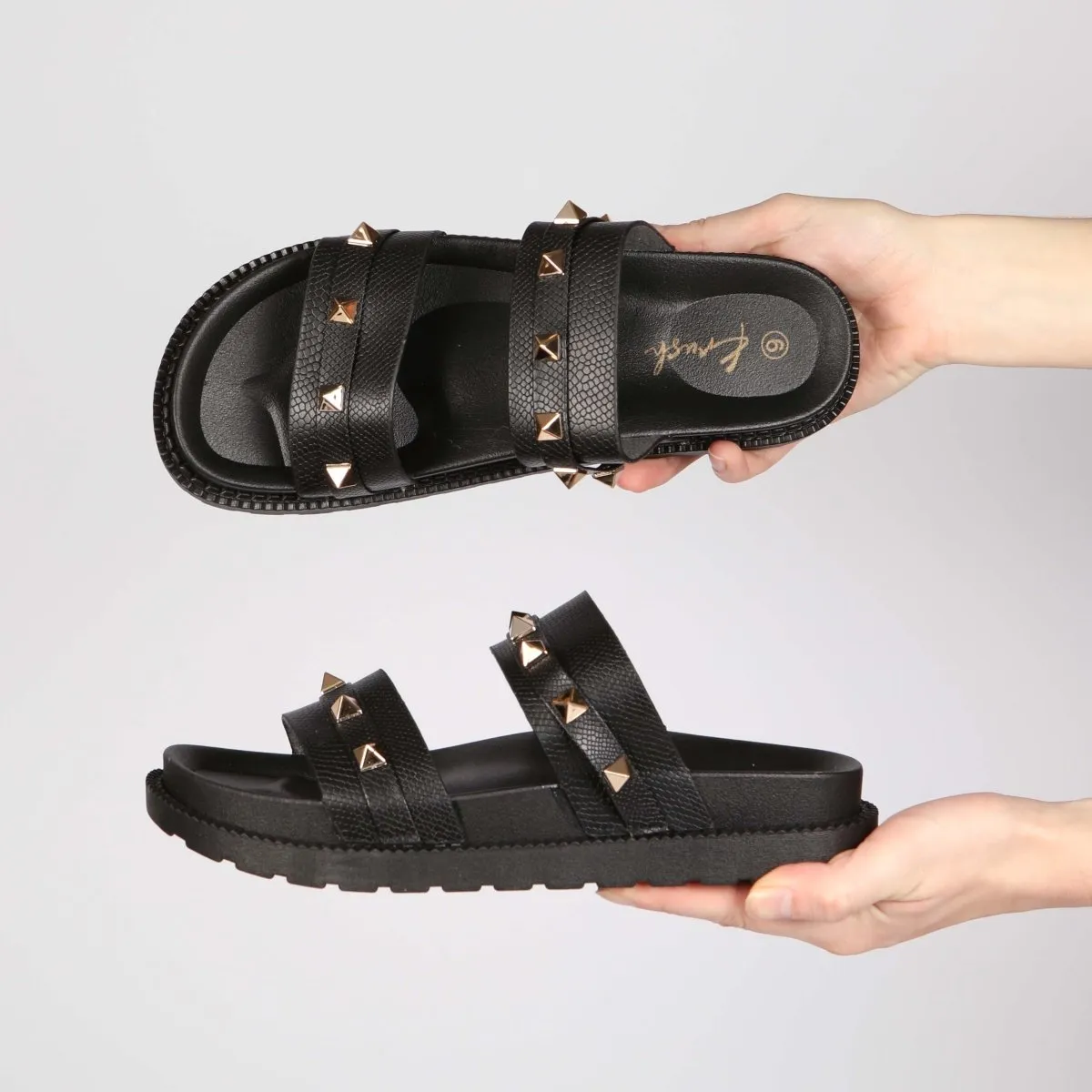 Pyramid Stud Double Strap Sliders