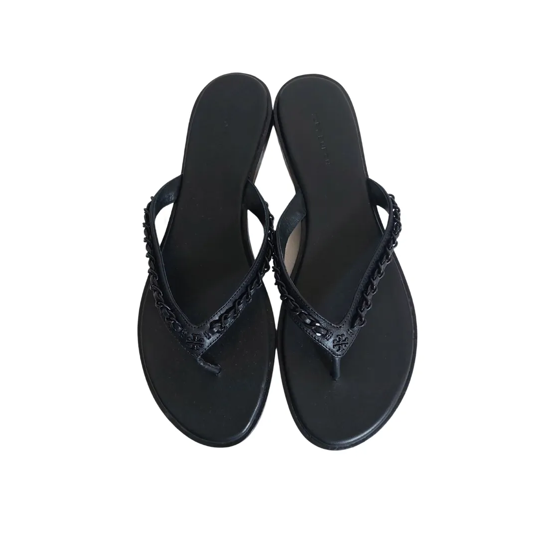 Tory Burch Black Leather Everly Chain Thong Sandals | Brand New |