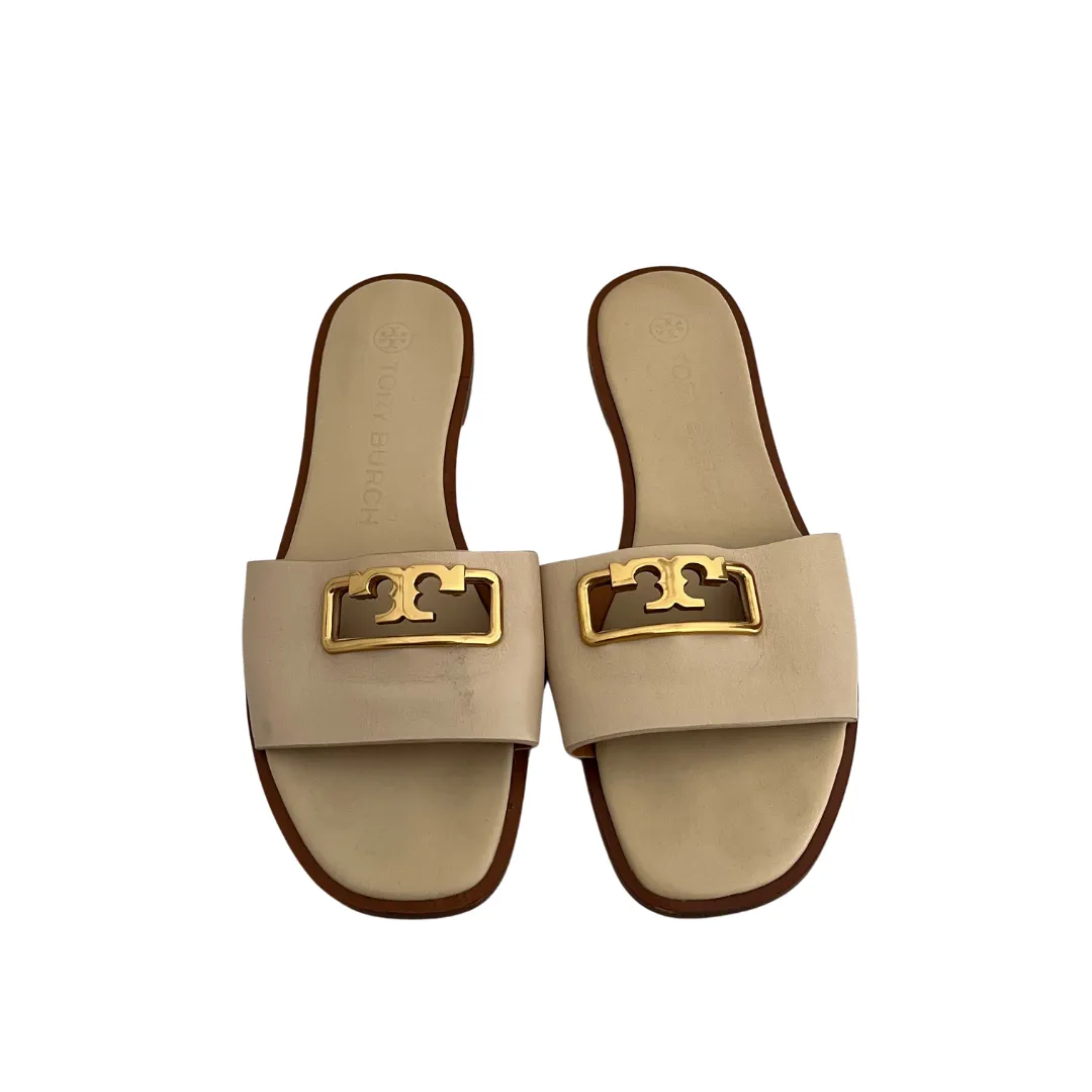 Tory Burch Cream Leather Selvy Slide Sandals | Pre Loved |