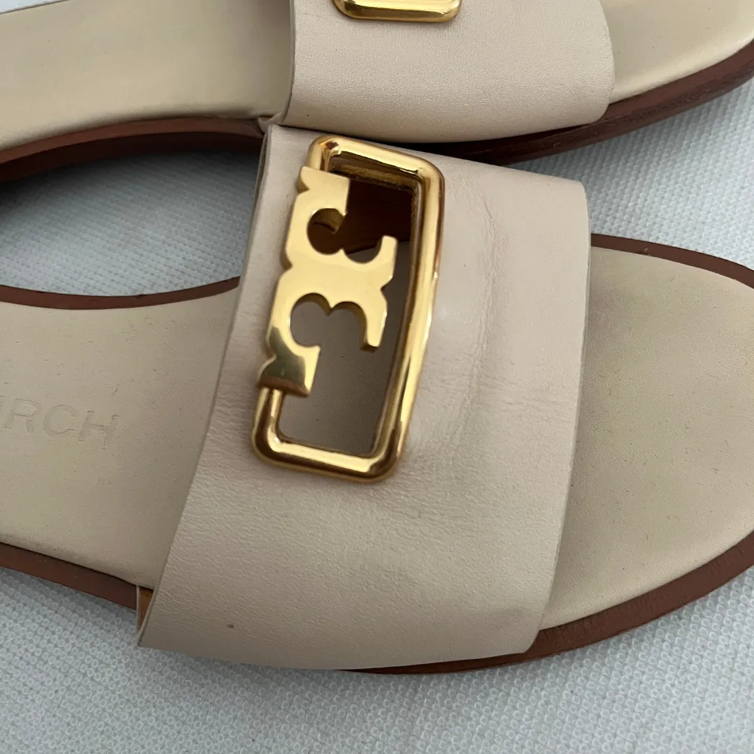 Tory Burch Cream Leather Selvy Slide Sandals | Pre Loved |